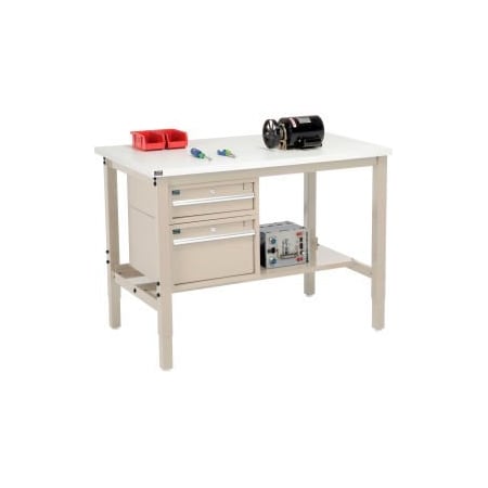 Global Equipment 48"W x 36"D Production Workbench - ESD Square Edge - Drawers   Shelf - Tan 319290TN